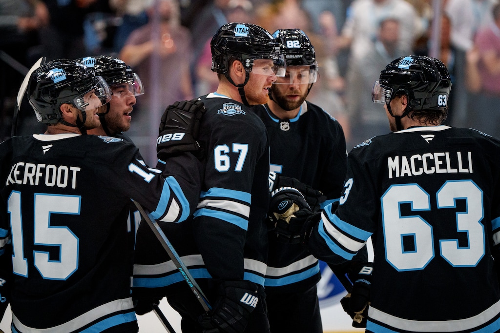 (Trent Nelson  |  The Salt Lake Tribune) Utah Hockey Club forward Lawson Crouse (67) celebrates a goal as Utah Hockey Club hosts the Los Angeles Kings, NHL pre-season hockey in Salt Lake City on Monday, Sept. 23, 2024.