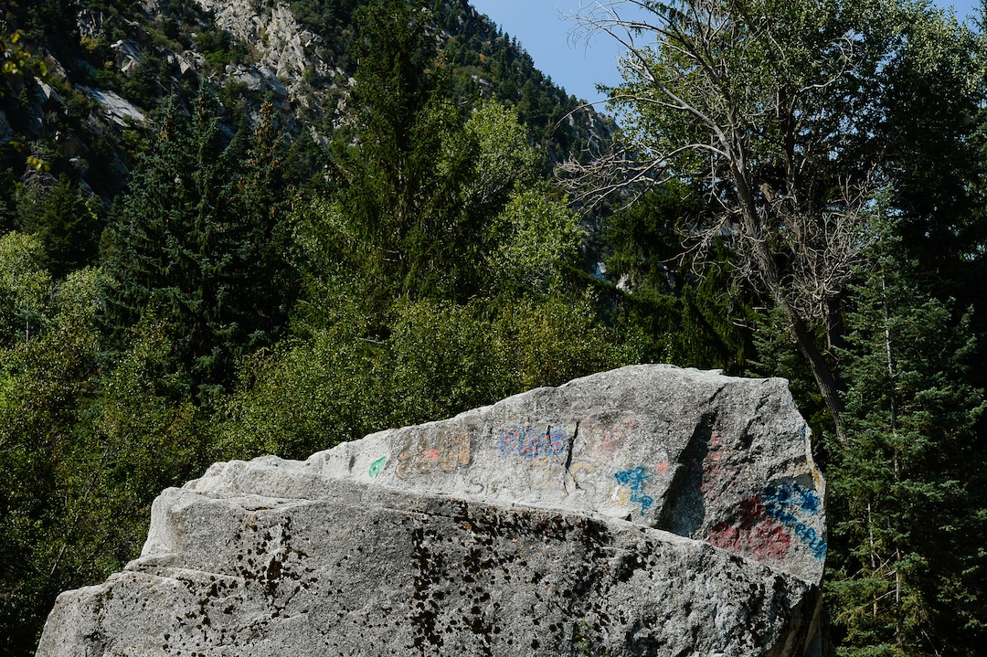 (Francisco Kjolseth  |  The Salt Lake Tribune)  Graffiti has proliferated in lower Little Cottonwood Canyon, where vandals, often wielding cans of fluorescent-colored spray paint, have covered granite faces, trees and structures. The vandalism is particularly apparent along the Temple Quarry Trail and the creek at the Moon Rock swimming hole and former pavilion site. Volunteers using donated equipment and solvents spend thousands of hours removing the paint from the rocks only to see graffiti return to the same faces or on rock nearby.