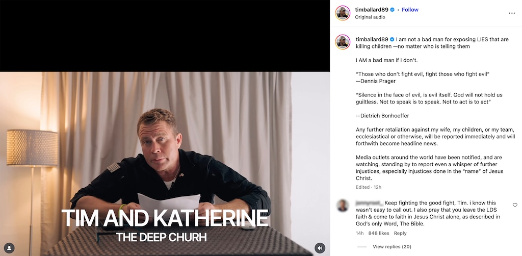 (Tim Ballard via Instagram) A video posted to Instagram by Tim Ballard on Wednesday, Nov. 6, 2025. Ballard confirmed he was removed from membership by The Church of Jesus Christ of Latter-day Saints, alleging it was part of a shadowy conspiracy to destroy his reputation. The Tribune blurred the account of a commenter.