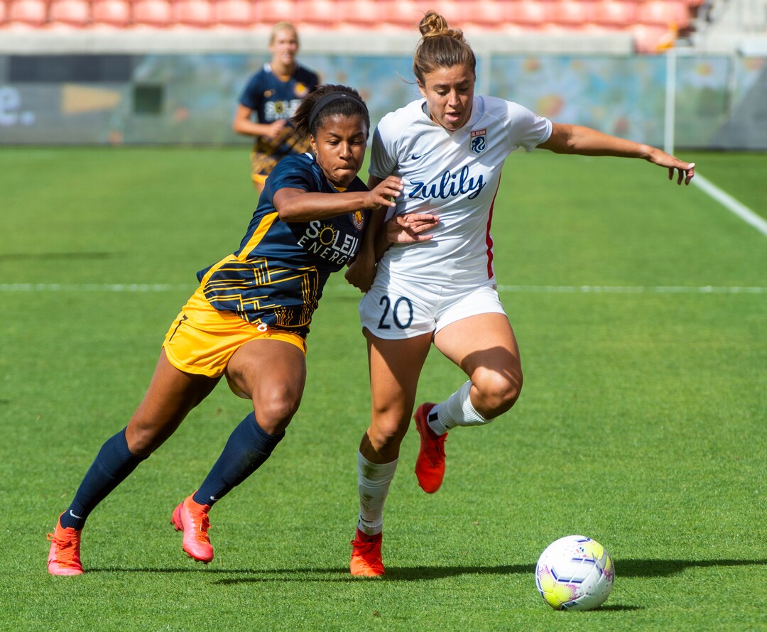 (Rick Egan  |  The Salt Lake Tribune) Utah Royals FC midfielder  Elizabeth Ball (7) goes for the ball along with OL Reign FC attacker SofiaHuerta, in soccer action between Utah Royals FC and Ol Reign FC at Rio Tinto Stadium in Sandy, Saturday, Sept. 26, 2020.
