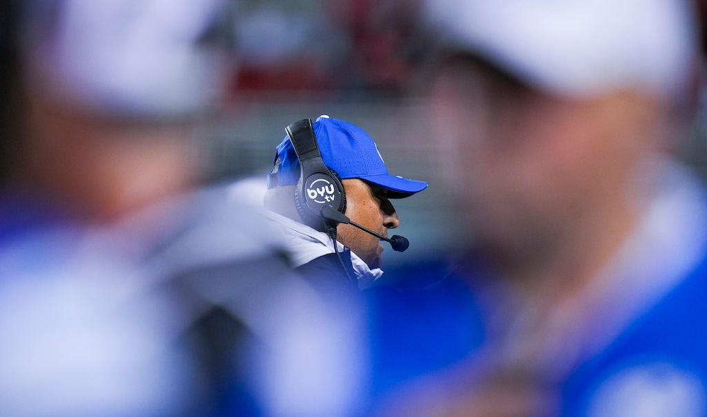 (Bethany Baker  |  The Salt Lake Tribune) Brigham Young Cougars head coach Kalani Sitake during the game between the Utah Utes and the Brigham Young Cougars at Rice-Eccles Stadium in Salt Lake City on Saturday, Nov. 9, 2024.