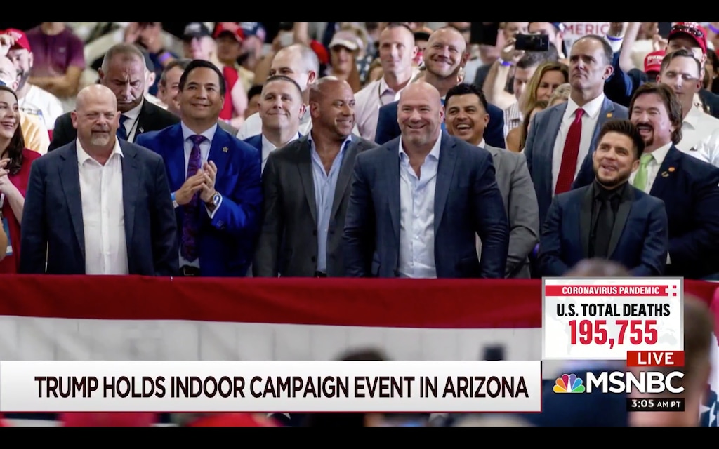 (Screenshot via MSNBC) In a photo broadcast Tuesday on MSNBC, Utah Attorney General Sean Reyes, second from left, is seen in attendance at an indoor rally for President Donald Trump on Sunday, Sept. 13, 2020.