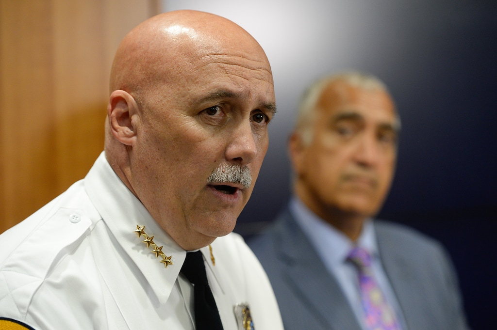 (Francisco Kjolseth  |  The Salt Lake Tribune)   Salt Lake City Police Chief Mike Brown and Salt Lake County District Attorney Sim Gill announce the details of an internal investigation involving a former civilian evidence room employee during a press event at the Salt Lake City Police Department on Friday, Sept. 8, 2017.