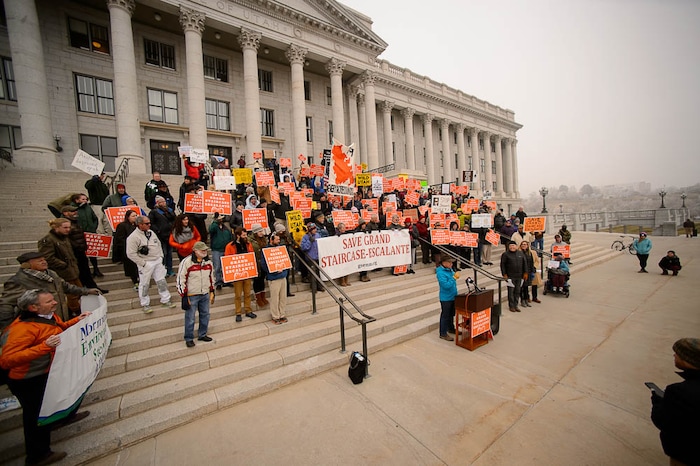 (Trent Nelson | The Salt Lake Tribune) Scott Berry, co-owner of the Boulder Mountain Lodge, speaks out against Rep. Chris Stewart's Grand Staircase bill that would create an Escalante National Park during a rally on the steps of the State Capitol Building in Salt Lake City, Tuesday December 12, 2017.