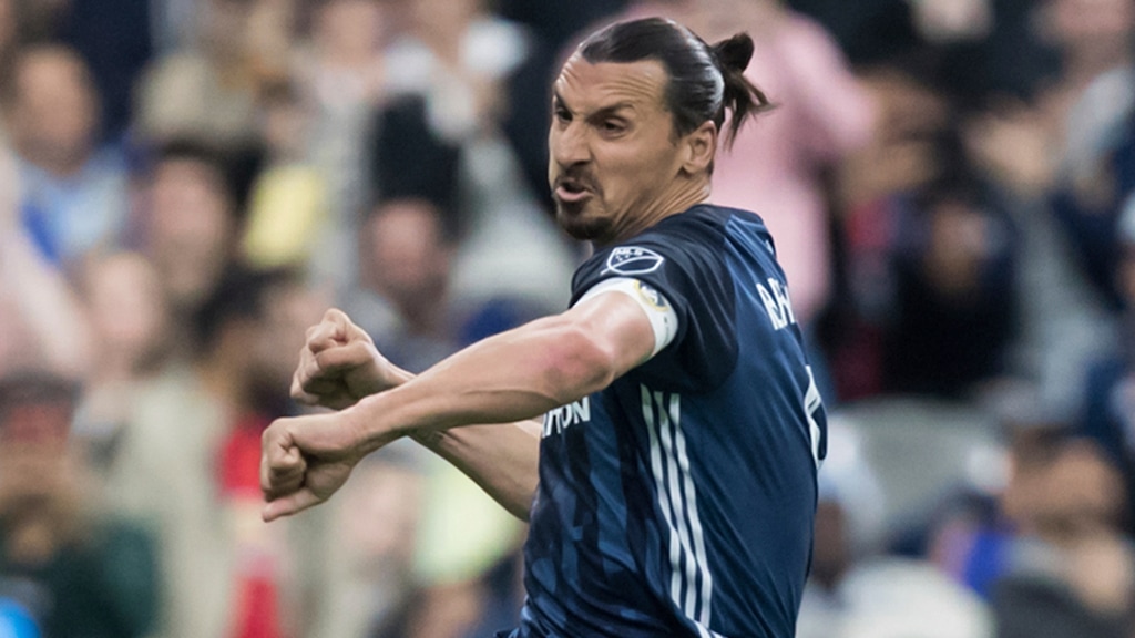 LA Galaxy's Zlatan Ibrahimovic celebrates after scoring a goal against the Vancouver Whitecaps during the second half of an MLS soccer match Friday, April 5, 2019, in Vancouver, British Columbia. (Darryl Dyck/The Canadian Press via AP)