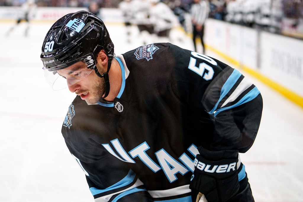 (Trent Nelson  |  The Salt Lake Tribune) Utah Hockey Club defenseman Sean Durzi (50) as Utah Hockey Club hosts the Los Angeles Kings, NHL pre-season hockey in Salt Lake City on Monday, Sept. 23, 2024.