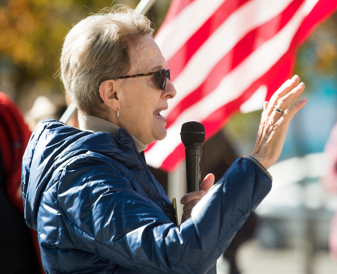 (Rick Egan  |  The Salt Lake Tribune)    Karen Shepherd speaks at the "Rally for the Rule of Law" to urge Utah’s Members of Congress to prevent President Donald Trump from compromising the independence of Special Counsel Robert Mueller, at the Federal Building, Saturday, Nov. 10, 2018.