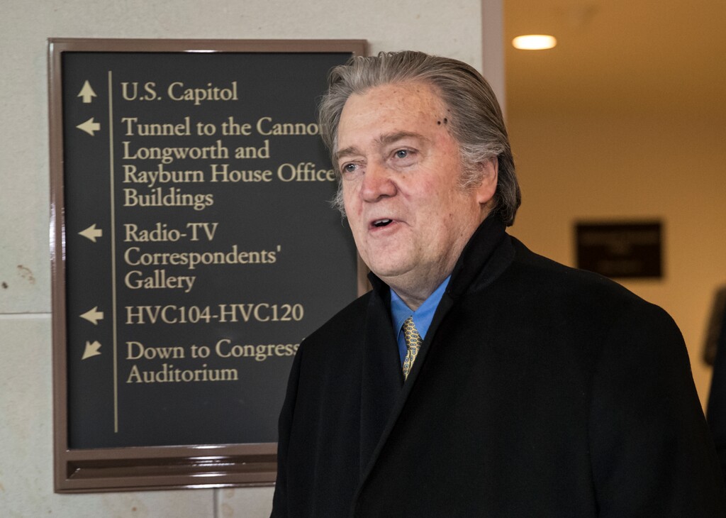 (J. Scott Applewhite | The Associated Press) Steve Bannon, President Donald Trump's former chief strategist, arrives for questioning by the House Intelligence Committee as part of its ongoing investigation into meddling in the U.S. elections by Russia, at the Capitol in Washington, Thursday, Feb. 15, 2018.