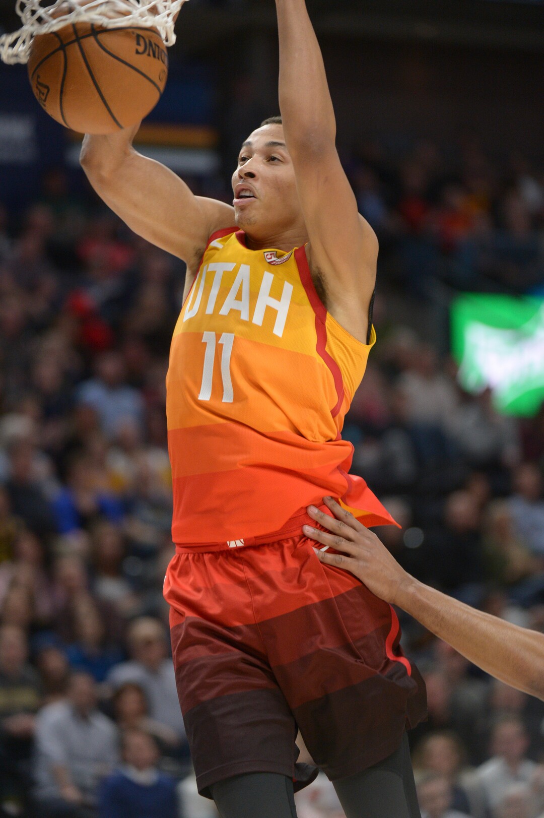 (Leah Hogsten  |  The Salt Lake Tribune) Utah Jazz guard Dante Exum (11) with the dunk as the Utah Jazz host the Los Angeles Lakers at Vivint Smart Home Arena Tuesday, April 3, 2018