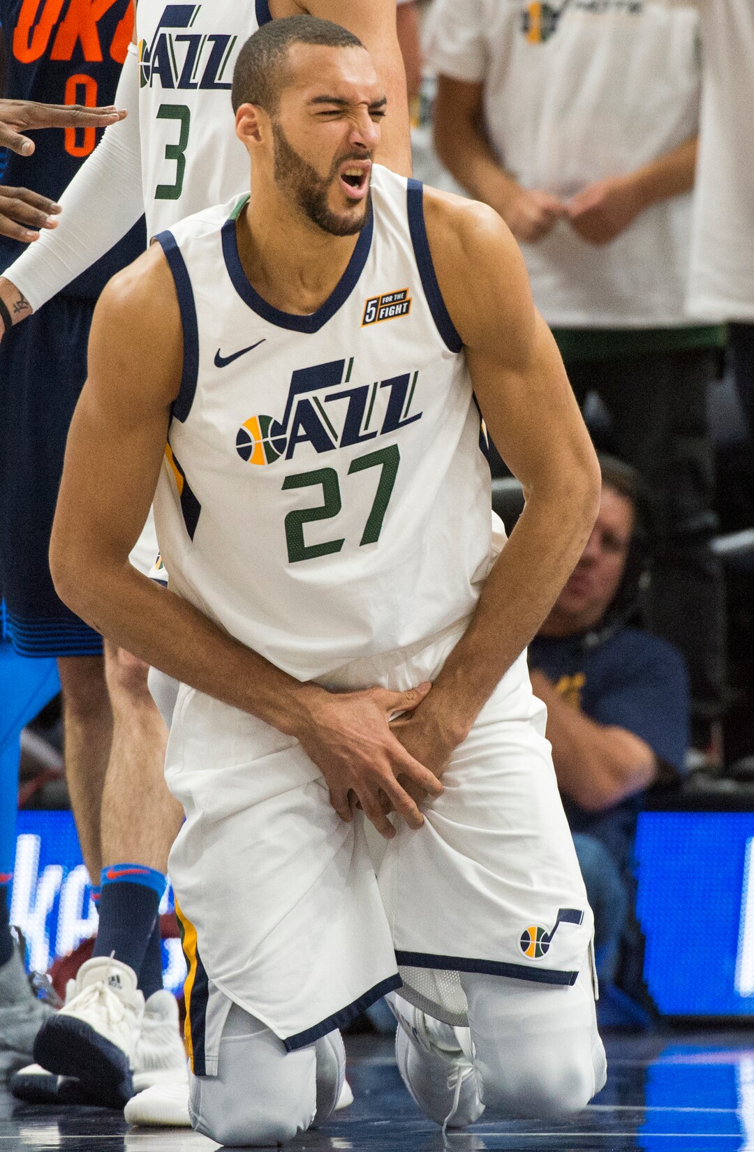 (Rick Egan  |  The Salt Lake Tribune)    Utah Jazz center Rudy Gobert (27) reacts after being fouled, in game 4, NBA playoff action between Utah Jazz and Oklahoma City Thunder, in Salt Lake City, Monday April 23, 2018.