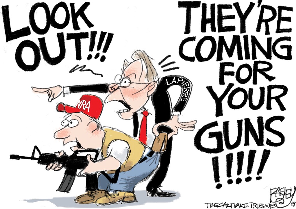 (Pat Bagley | The Salt Lake Tribune) This cartoon, titled “I Scam the NRA,” appears in the Salt Lake Tribune on Thursday, May 23, 2019.