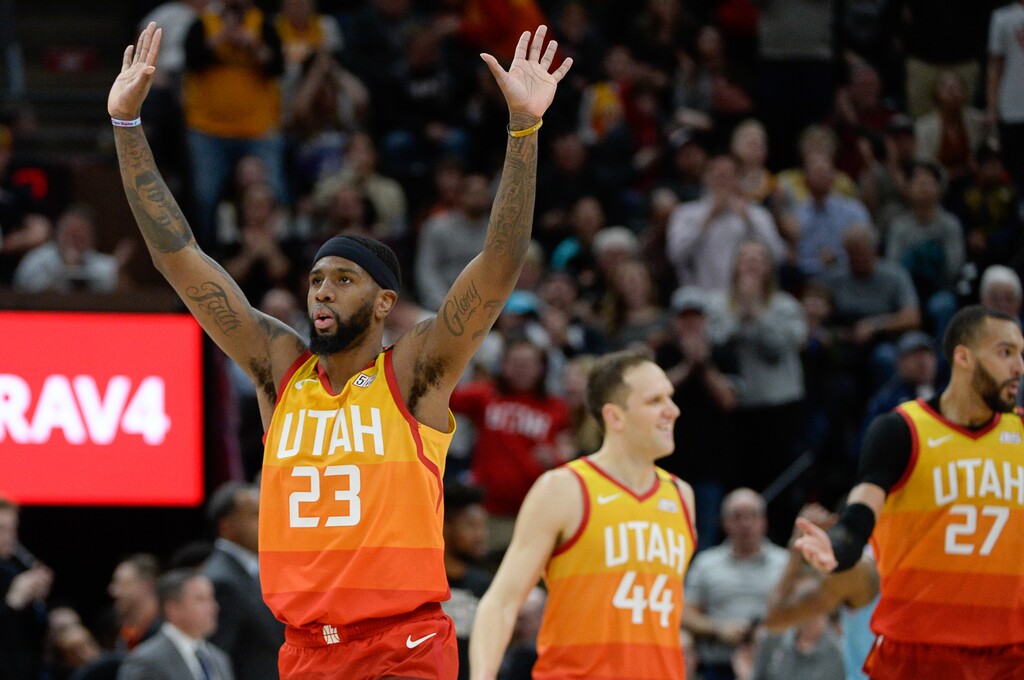 (Francisco Kjolseth | The Salt Lake Tribune) Utah Jazz forward Royce O'Neale (23) celebrates with his team as they move well ahead of the Heat as the Utah Jazz host the Miami Heat in their NBA basketball game at Vivint Smart Home Arena in Salt Lake City on Wednesday, Feb. 12, 2020. The Jazz won 116-101.
