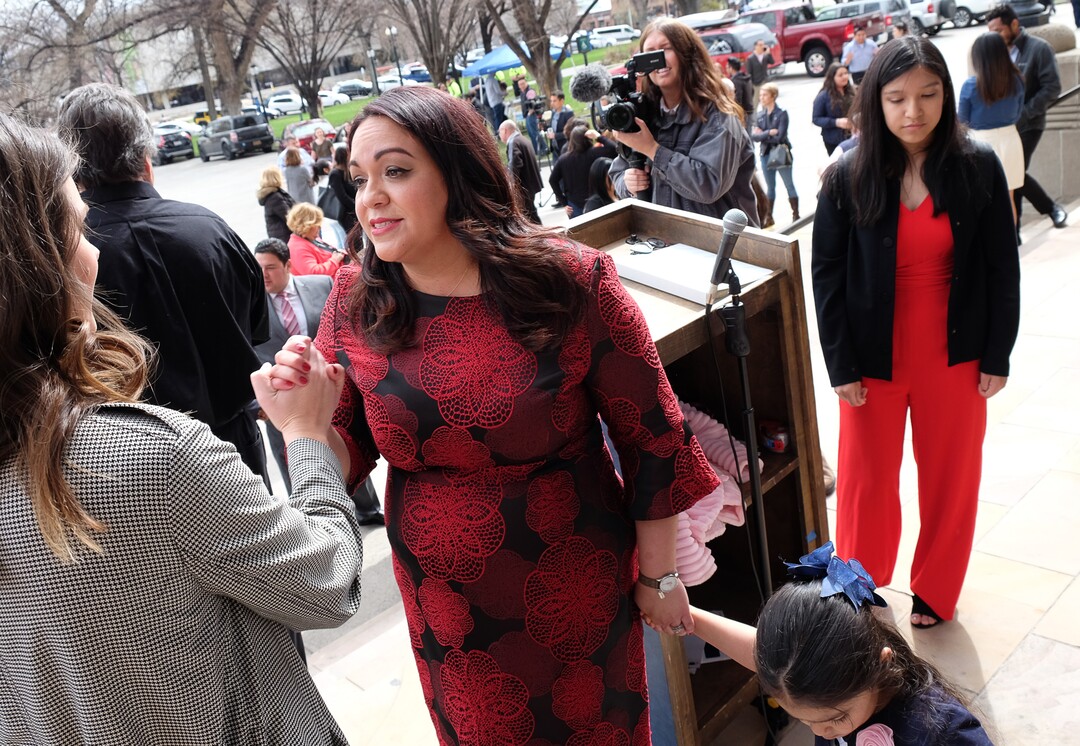 (Francisco Kjolseth  |  The Salt Lake Tribune)  Salt Lake City Sen. Luz Escamilla speaks with a supporter as she launches her official campaign for city mayor from the steps of the Salt Lake City and County building on Tuesday, March 26, 2019. As the city grows and becomes more diverse, Escamilla says she would represent a number of overlooked communities, including the Latino population and the cityÕs west side. If elected, she would likely be the first ethnic minority mayor of Salt Lake City and would be only the third woman to hold the position.