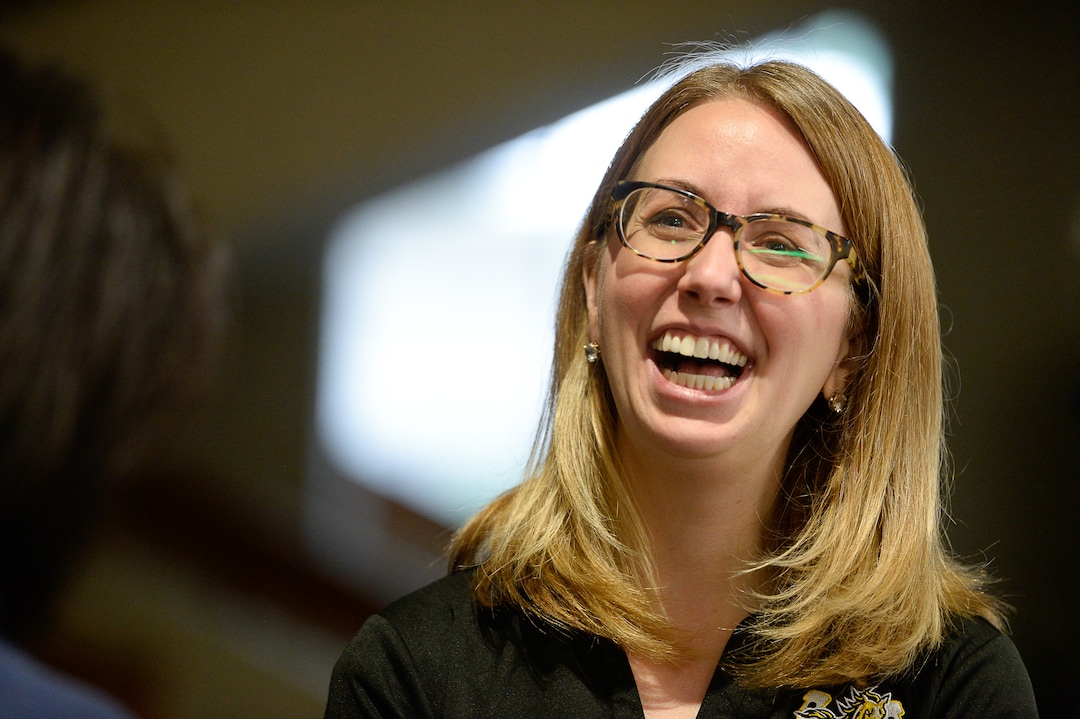 (Francisco Kjolseth  |  The Salt Lake Tribune)  Cottonwood High School English teacher Lauren Merkley is honored and humbled as she is interviewed following her announcement as this year's teacher of the year during the school's pep rally on Friday, Sept. 6, 2019.