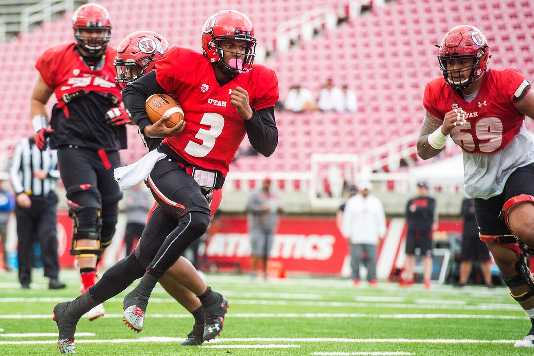 Chris Detrick  |  The Salt Lake TribuneUtah Utes quarterback Troy Williams (3) runs for a touchdown during a scrimmage at Rice-Eccles Stadium Friday March 31, 2017.  