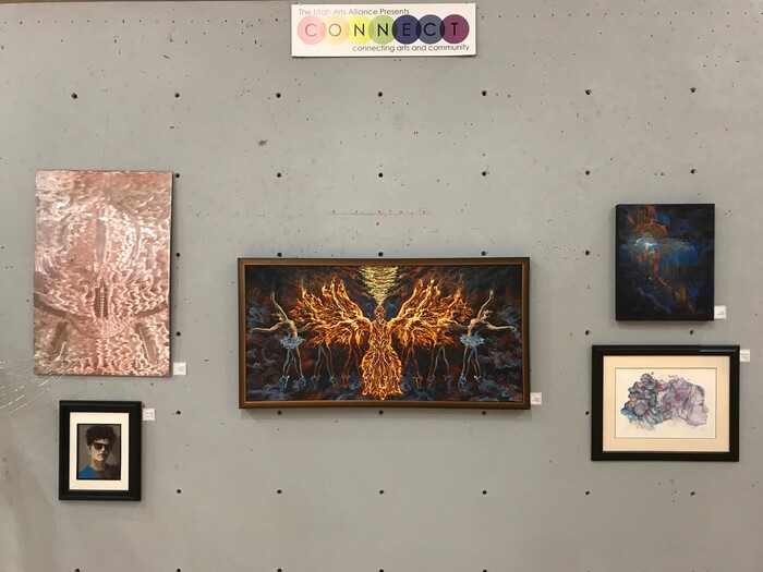 (Photo by Julie Hirschi) The five winning art pieces from the November 2019 Connect art event on display at the Urban Arts Gallery in The Gateway in Salt Lake City.