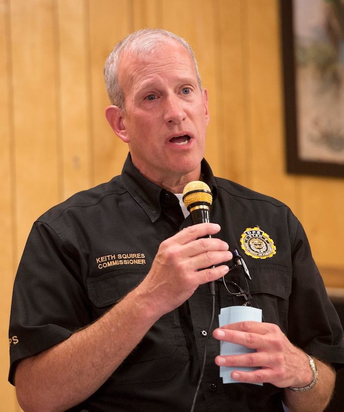 (Rick Egan  |  The Salt Lake Tribune)  Commissioner Keith Squires talks about the homeless problem with westside residents who say that the crackdown on crime in the Rio Grande area has pushed homeless people and drug activity toward their neighborhoods, at the Poplar Grove Community Alliance Meeting at the St. Patrick Parish Social Hall, Friday, August 25, 2017.


