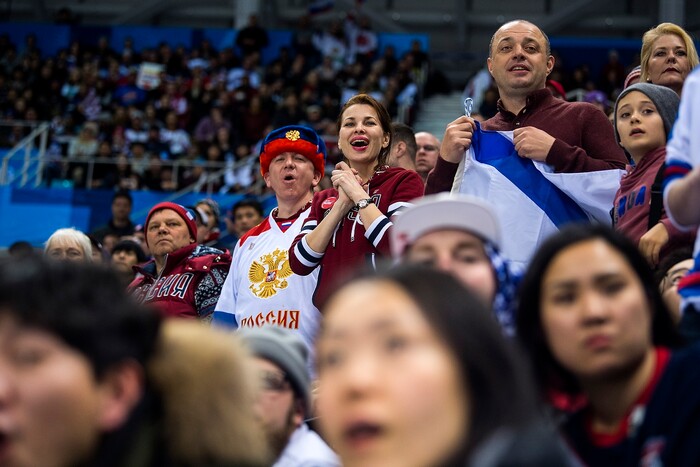 (Chris Detrick  |  The Salt Lake Tribune)  Russian fans watch during the United States vs Olympic Athletes from Russia hockey game at Gangneung Hockey Centre during the Pyeongchang 2018 Winter Olympics Saturday, Feb. 17, 2018. Olympic Athletes from Russia defeated United States 4-0.
