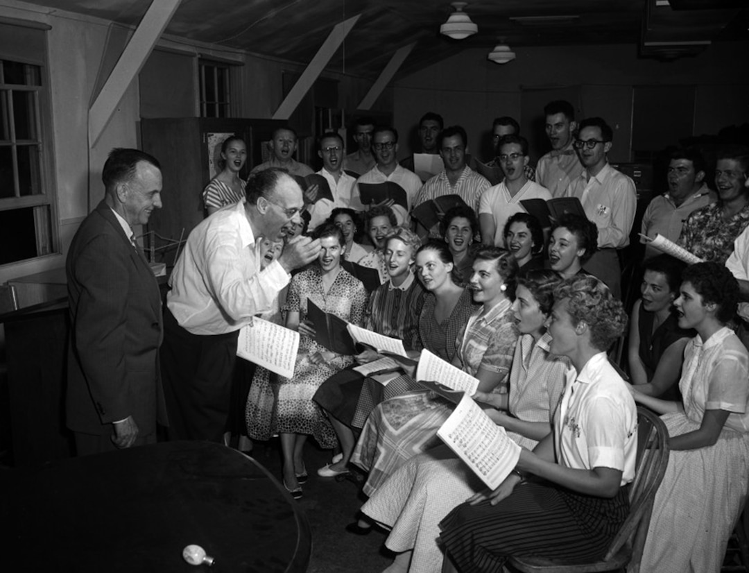 (photo courtesy Utah State Historical Society) Utah Symphony conductor Maurice Abravanel leads a rehearsal in 1957.