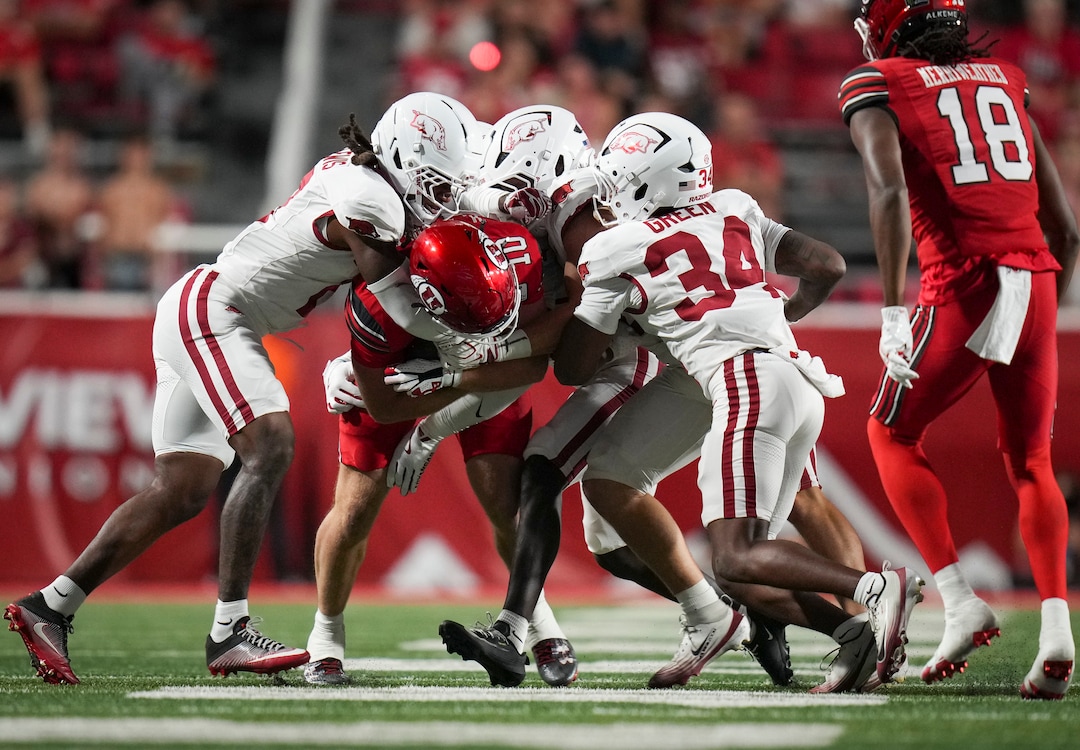 (Bethany Baker  |  The Salt Lake Tribune) Arkansas Razorbacks tackle Utah Utes tight end Hunter Andrews (10) during the game between the Utah Utes and the Arkansas Razorbacks in Salt Lake City on Saturday, Sept. 12, 2026.