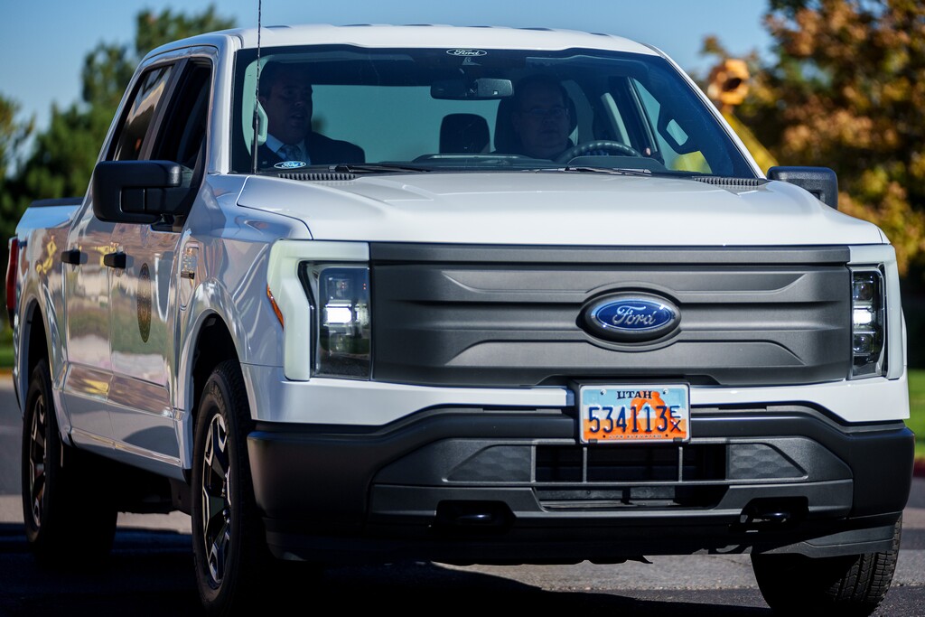 (Trent Nelson  |  The Salt Lake Tribune) One of the Utah Department of Environmental Quality's five new F-150 Lightning trucks, the first all-electric vehicles in the state's fleet, in Salt Lake City on Tuesday, Oct. 18, 2022. EPA is proposing new, more aggressive targets for electric vehicles over the next decade.