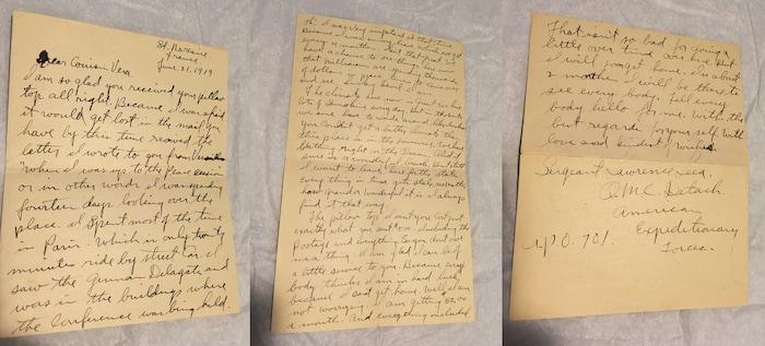 (photo courtesy Susan Leiber)  A letter from Sgt. Lawrence E. Leea to his french sweetheart, Germaine.