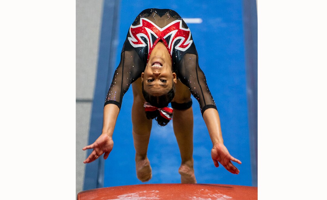 (Rick Egan | The Salt Lake Tribune)   Jaedyn Rucker competes on the vault, in PAC-12 gymnastics action between The University of Washington and The University of Utah at Jon M. Huntsman Center in Salt Lake City, on Saturday, Jan. 30, 2021.