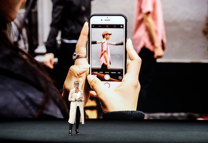 Angela Ahrendts, Apple's Senior Vice President of Retail, discusses updates at Apple Stores before a new product announcement at the Steve Jobs Theater on the new Apple campus on Tuesday, Sept. 12, 2017, in Cupertino, Calif. (AP Photo/Marcio Jose Sanchez)