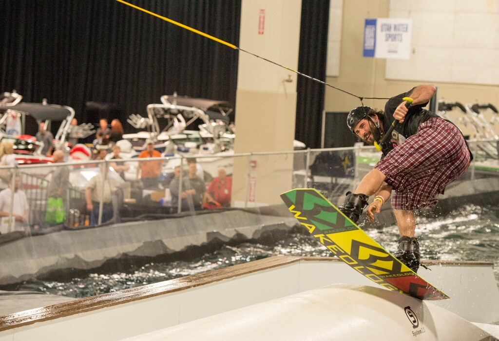 (Rick Egan  |  Tribune file photo) Trevor Poodle rides in the Wake Park Rail Jam at the Utah Boat Show and Watersports Expo in 2015.
