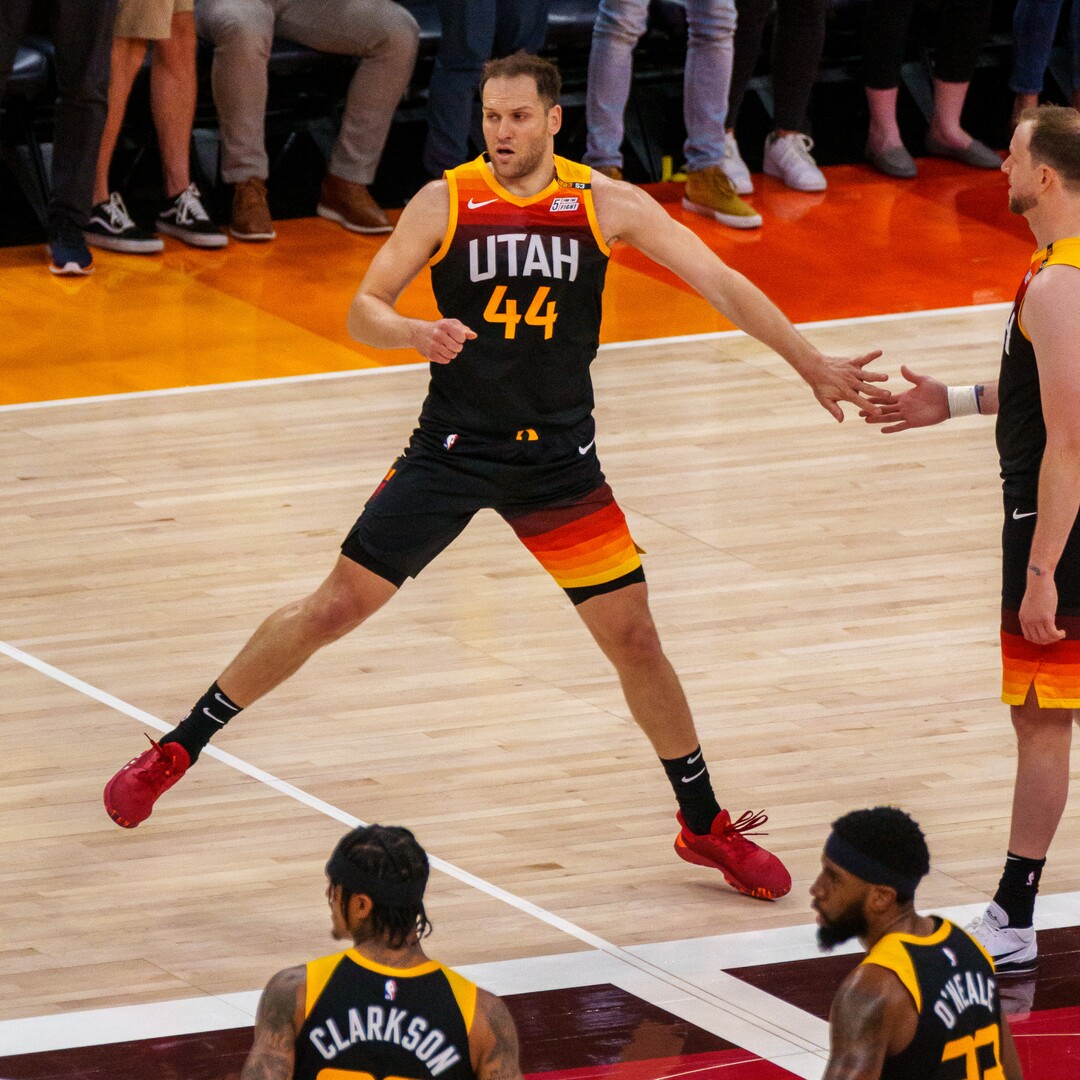 (Trent Nelson  |  The Salt Lake Tribune) Utah Jazz forward Bojan Bogdanovic (44) high-fives Utah Jazz guard Joe Ingles (2) after scoring, as the Utah Jazz host the Los Angeles Clippers in a Game 5 matchup, NBA basketball in Salt Lake City on Wednesday, June 16, 2021.
