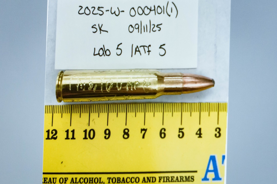 (Spenser Heaps | Pool) An image of a bullet casing engraved with the words “This, You Are” is displayed during a preliminary hearing for Tyler Robinson, who is accused in the fatal shooting of Charlie Kirk, at the Fourth District Courthouse in Provo, Thursday, July 9, 2026.