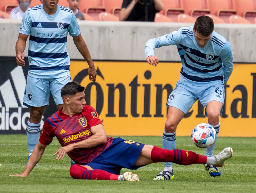 (Rick Egan | The Salt Lake Tribune) Real Salt Lake midfielder Damir Kreilach (8) goes after the ball along with Sporting Kansas City midfielder Ilie Sanchez (6), in MLS action between Real Salt Lake and Sporting Kansas City at Rio Tinto Stadium, onSaturday, May 1, 2021.