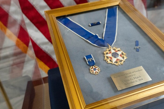 (Francisco Kjolseth | The Salt Lake Tribune) Memorabilia, including the Presidential Medal of Freedom awarded to former U.S. Sen. Orrin Hatch in 2018, is on display during his viewing at the Utah Capitol on Wednesday, May 4, 2022.