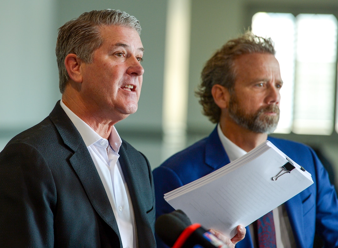 Leah Hogsten  |  The Salt Lake Tribune  AJ. Barton Goplerud, left,  will lead a team of attorneys representing over 400 people who were defrauded by Gaylen Dean Rust of Salt Lake CityÕs  Rust Rare Coin Inc., announced they filed a federal class action suit, Jan.8, 2019 against Zions Bank, accusing the financial institution of knowingly allowing the Ponzi scheme to operate. 