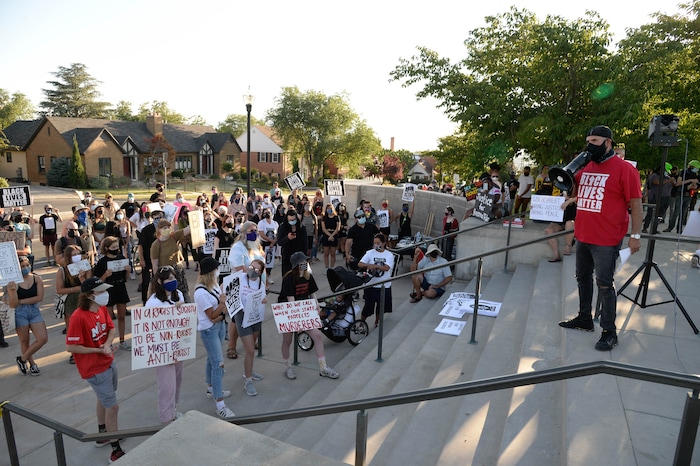 (Francisco Kjolseth  |  The Salt Lake Tribune) As part of national day of protest against police crimes, the National Alliance Against Racist and Political Repression, the Salt Lake Civilian Police Accountability Council and other groups gather at the Utah Capitol on Saturday, July 18, 2020, before marching to the Governor’s mansion to demand for a special session to repeal HB 415, which prohibits municipalities from establishing a board or committee with regulatory power over police departments.