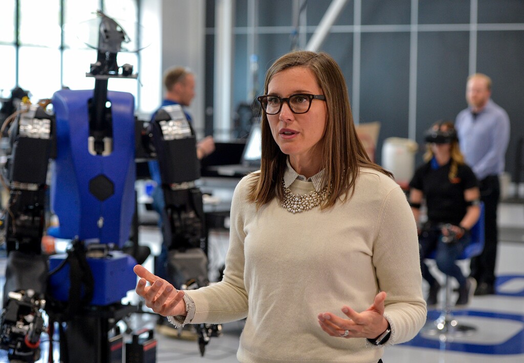 (Chris Samuels | The Salt Lake Tribune) Salt Lake City Mayor Erin Mendenhall speaks at an event at Sarcos Robotics headquarters in Salt Lake City, Wednesday, April 13, 2022. Mendenhall is joining a panel discussion about electrification at the University of Utah on Aug. 2.