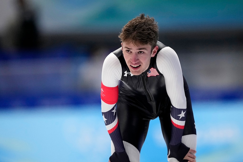 (Sue Ogrocki | AP) Casey Dawson of the United States reacts after competing in the men's speedskating 1,500-meter race at the 2022 Winter Olympics, Tuesday, Feb. 8, 2022, in Beijing.