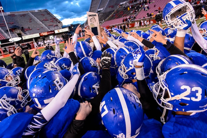 (Trent Nelson | The Salt Lake Tribune)  Bingham players celebrate defeating East in the Class 6A High School State Football Championship game in Salt Lake City, Friday November 17, 2017.