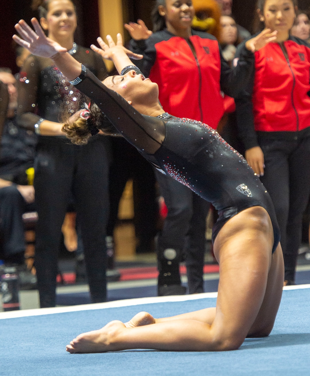 (Rick Egan  |  The Salt Lake Tribune)   Macery Roberts performs on the floor for Utah, in PAC-12 gymnastics action between the UCLA Bruins and the University of Utah, at the Jon M. Huntsman Center, Saturday, Feb. 23, 2019.