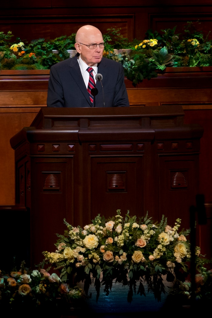 (Jeremy Harmon  |  The Salt Lake Tribune) President Dallin H. Oaks speaks during the Sunday morning session of General Conference on April 1, 2018.