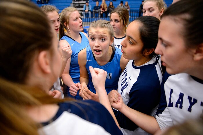 (Trent Nelson | The Salt Lake Tribune)  Layton players (Layton's Corinne Case (3) at center) huddle before the game as Layton faces Copper Hills in the 6A High School Girls' Basketball Tournament at SLCC in Taylorsville, Thursday Feb. 22, 2018.