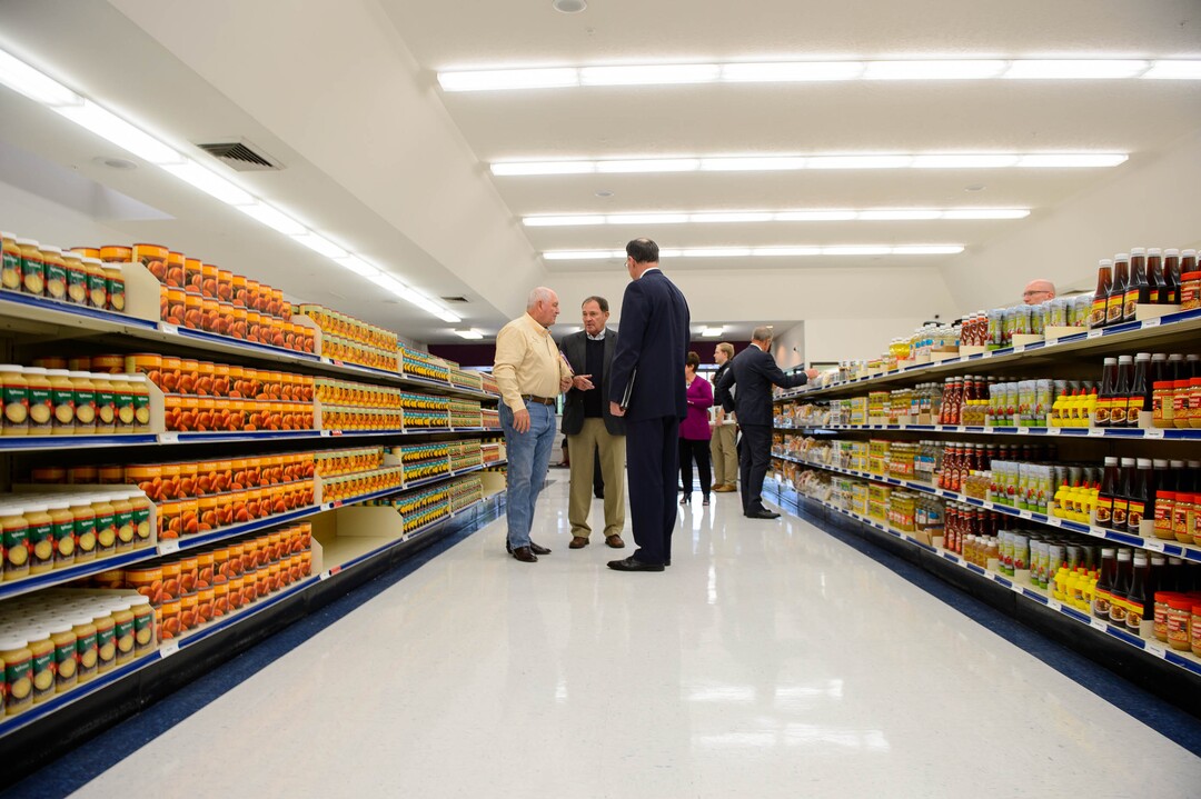 (Trent Nelson  |  The Salt Lake Tribune)  Agriculture Secretary Sonny Perdue, Gov. Gary Herbert, and Bishop W. Christopher Waddell on a tour of Welfare Square in Salt Lake City on Wednesday May 22, 2019.