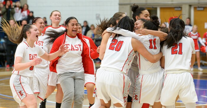 (Leah Hogsten  |  The Salt Lake Tribune) East celebrates the win.  East defeated Timpview 68-48 to win the the 5A High School Girls' Basketball Tournament title at SLCC in Taylorsville, Saturday, Feb. 24, 2018. 