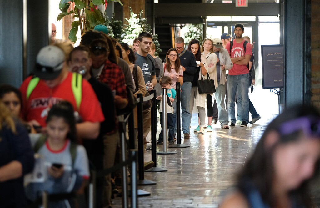 (Francisco Kjolseth | The Salt Lake Tribune) Voters wait patiently in line at Trolley Square near the lunch hour when lines were taking about 30-minutes on Tuesday, Nov. 8, 2016.