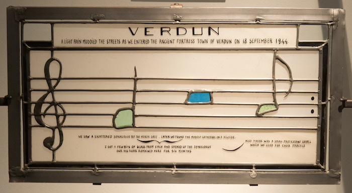 (Rick Egan  |  The Salt Lake Tribune)      Verdun, France, A synagogue, a Protestant Church, and a Catholic Cathedral, is part of the the McDonald Windows, stained glass exhibit, "Remembered Light," which features fragments from World War II windows. The exhibit brought to Utah by the Salt Lake Interfaith Roundtable & the Peace Committee of the Utah District of Rotary International. The exhibit runs through Nov 17, at 175 South Main, in Salt Lake City. Monday, Oct. 29, 2018.



