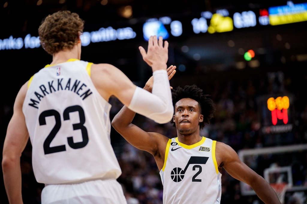 (Trent Nelson  |  The Salt Lake Tribune) Utah Jazz guard Collin Sexton (2) and Utah Jazz forward Lauri Markkanen (23) as the Utah Jazz host the Memphis Grizzlies, NBA basketball in Salt Lake City on Saturday, Oct. 29, 2022.