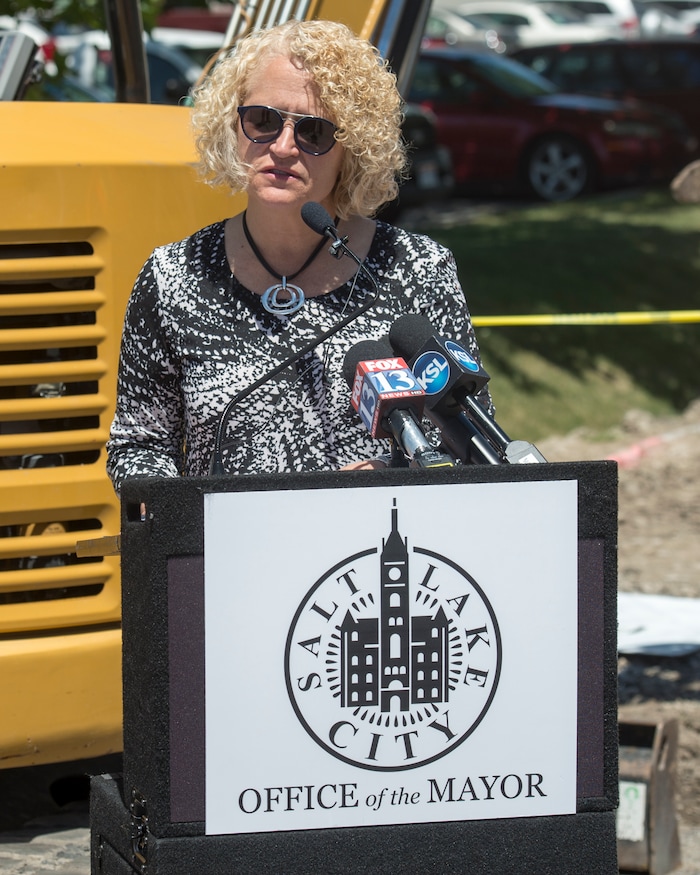 (Rick Egan | The Salt Lake Tribune) Salt Lake City Mayor Jackie Biskupski announces the start of the city’s 2018 road construction season at a new conference at 720 South Gladiola Street. A total of ten projects are scheduled for completion by the City’s Engineering Division through a combined investment of $5 million. Monday, June 11, 2018.