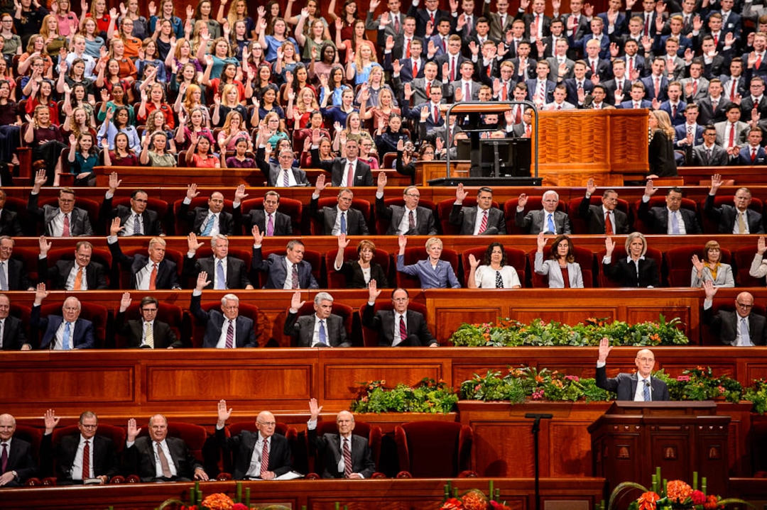 (Trent Nelson | The Salt Lake Tribune)  Church leaders and a choir show their support for the leadership of the church at the General Conference of The Church of Jesus Christ of Latter-day Saints in Salt Lake City, Saturday Oct. 6, 2018.