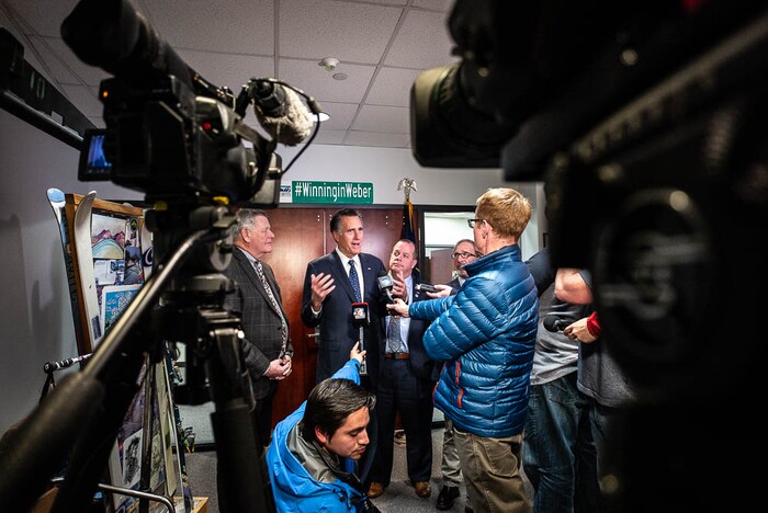 (Trent Nelson | The Salt Lake Tribune)
Senator Mitt Romney answers questions from the media after meeting with Weber County Comissioners in Ogden to discuss the ongoing government shutdown on Friday Jan. 18, 2019.
