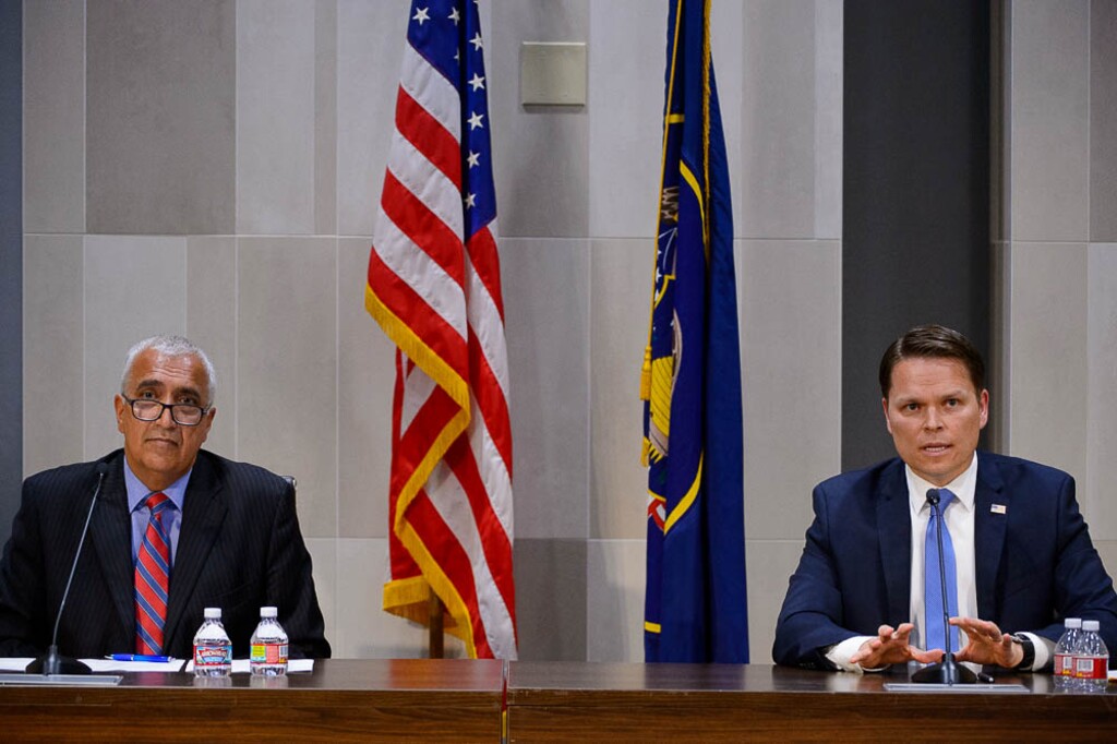(Trent Nelson | The Salt Lake Tribune)
The Campaign for Smart Justice Project — Utah and the Alliance for a Better Utah Education Fund hosted a debate in the race for Salt Lake County District Attorney with Democratic candidate Sim Gill, left, and Republican candidate Nathan Evershed, in Salt Lake City on Wednesday, Oct. 3, 2018.